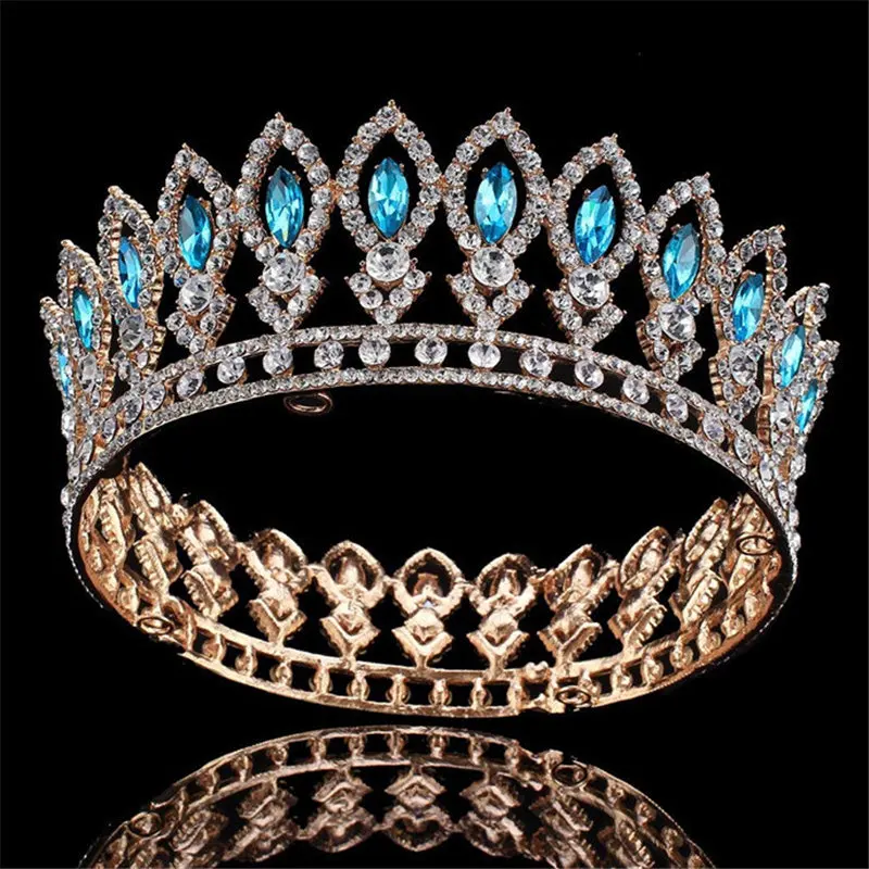 Gold light Blue Винтажная Хрустальная свадебная тиара Хрустальная свадебная диадема для королевы тиары невесты головной убор украшения для волос круг украшения - Окраска металла: Gold light Blue