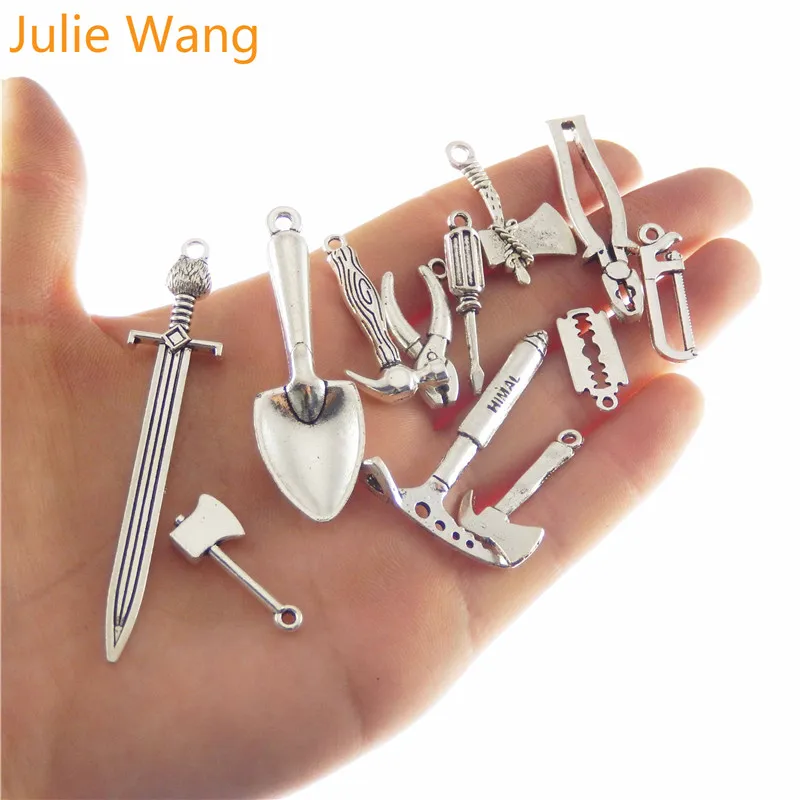 Julie Wang 12 шт. смешанные инструменты плоскогубцы Ax Saw Лопата шармы Сплав Ожерелье