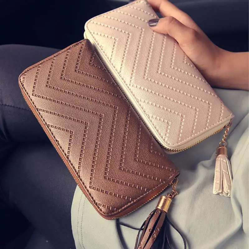 2017 New Fashion Women Casual Wallet Solid Color Leather Tassel Wave Pattern Long Style Ladies Coin Zippered Purse BS88 | Багаж и сумки