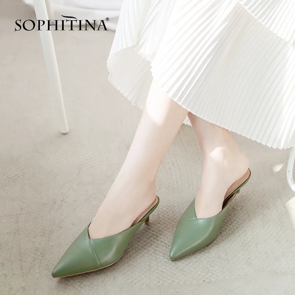 Тапочки SOPHITINA женские на тонком каблуке однотонные из воловьей кожи модные
