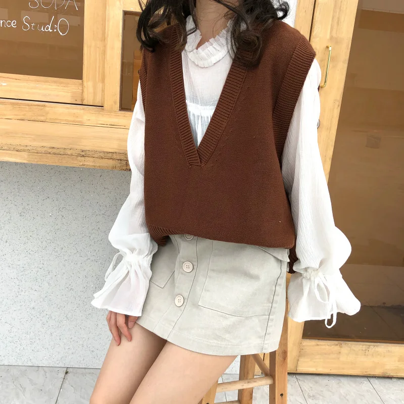 2018 в Корейском стиле для девочек Корейский осень свободные свитера без рукавов с - Фото №1