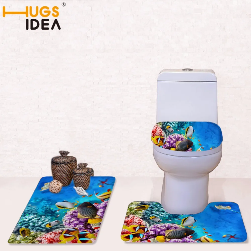 

HUGSIDEA 3PCS Lid Toilet Seat Cover Pedestal Rug Bathroom Mat Carpet for Household Seat Bathroom Bath Mat Blue Fish Pedestal Rug