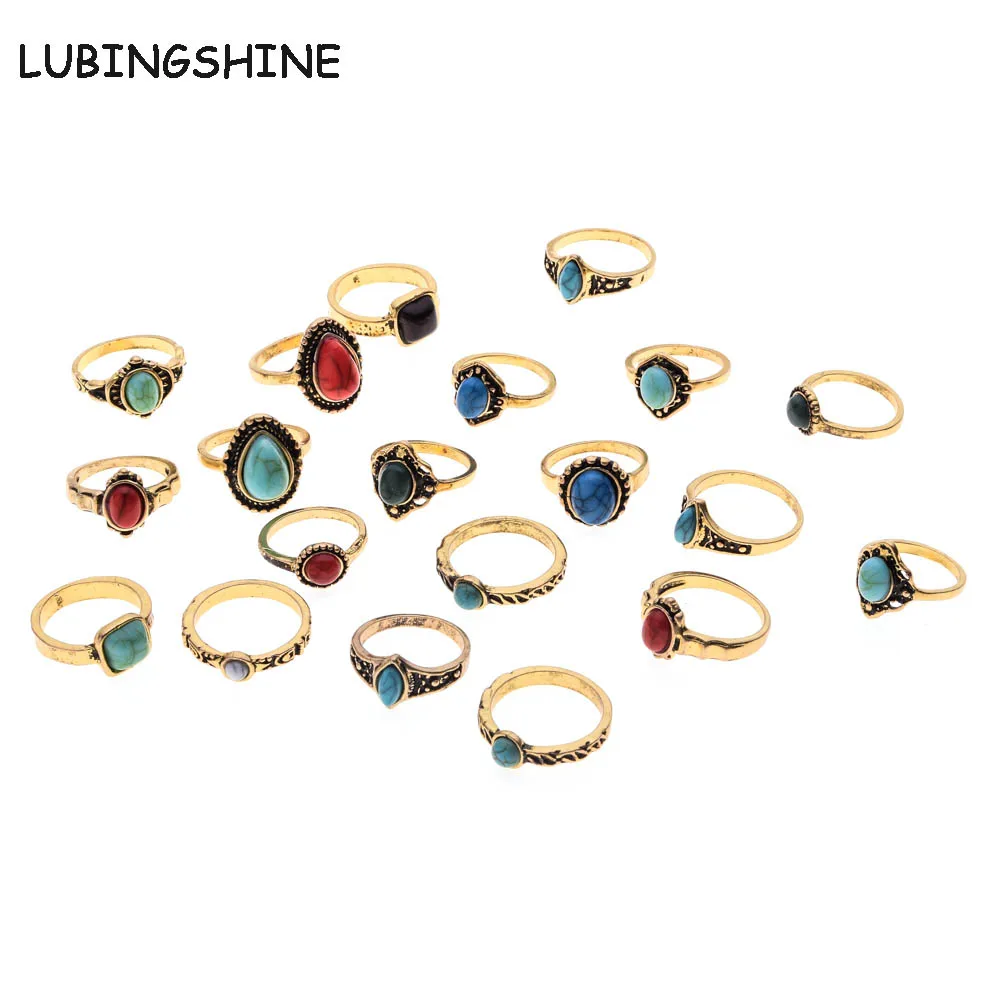 LUBINGSHINE 10 шт./лот женские кольца квадратные/круглые/капли воды дизайн искусственный камень Винтаж Бохо кольцо anel pedra preta anillos mujer