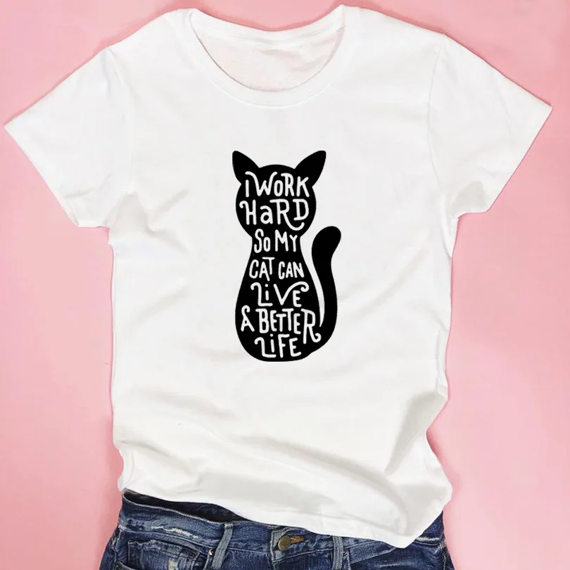 Funny Saying T Shirts Women Black White Tshirt Summer Tops Graphic Tees Shirt Cute Cat Harajuku Print Lovers | Женская одежда