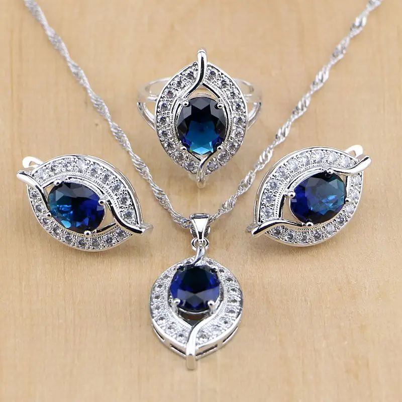 Women 925 Sterling Silver Jewelry Blue Crystal White Zircon Sets Wedding Earrings/Pendant/Necklace/Rings | Украшения и аксессуары