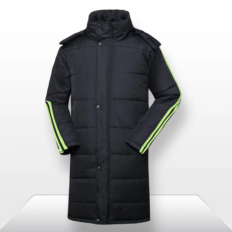 Black-Green2 Теплая зимняя мужская пуховая куртка для походов, дышащая теплая утолщенная хлопковая куртка для футбола, тренировочная куртка с капюшоном, гусиный пух - Цвет: Black-Green2