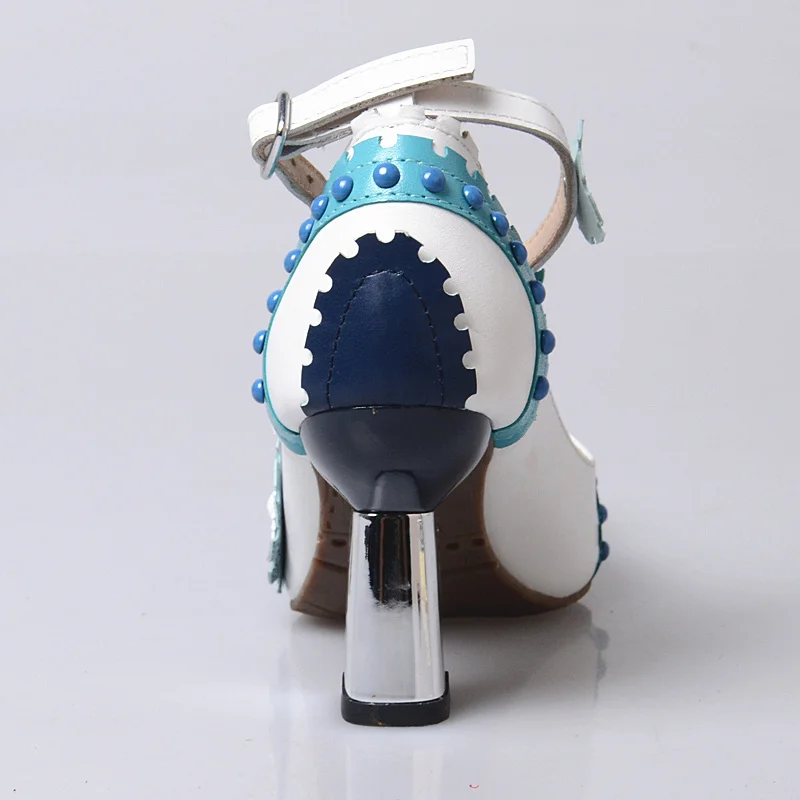 

Mabaiwan Blue Women Casual Shoes High Heel Summer Sandals Pointed Toe Flower Genuine Leather Shoes Woman Rivet Gladiator Pumps