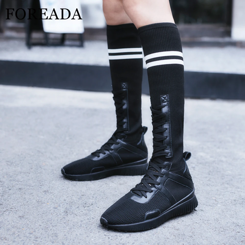 FOREADA/Сапоги до колена Женские осенние высокие сапоги в полоску на шнуровке