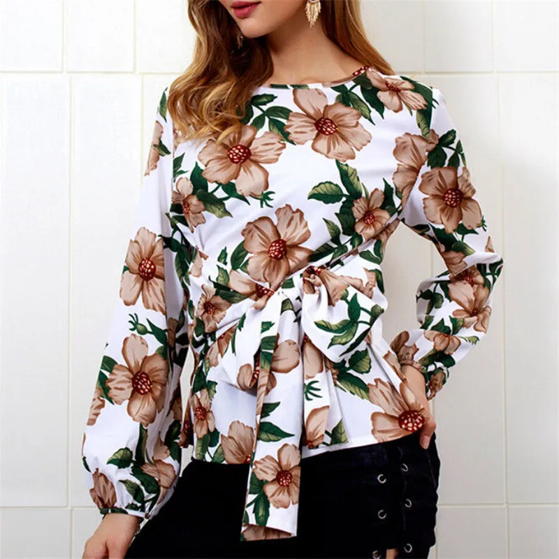 

Women Sexy Crew Neck Shirt Ladies Floral Printed Long Sleeve Blouse Bandage Tops Shirt Fashion Autumn Elegant OL Bowknot Shirts