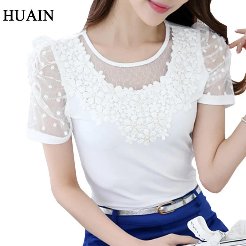 Белая женская рубашка с бисером Новинка лета 2018 футболка коротким рукавом