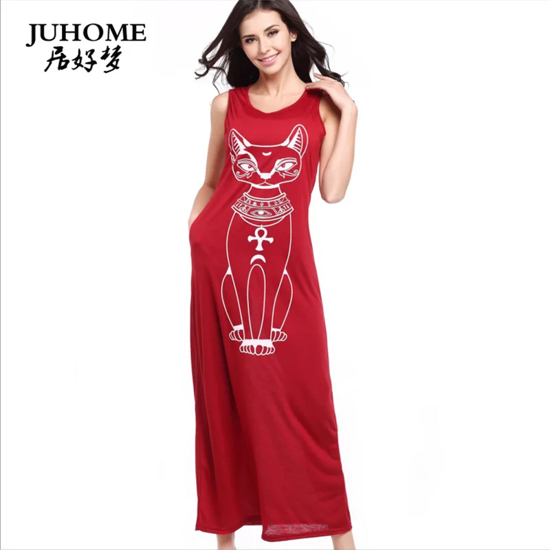 Женское длинное платье чехол свободное большого размера в пол с принтом кота