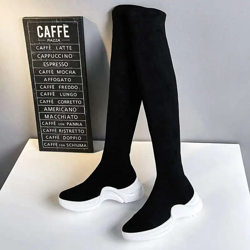 white bottom black Lenkisen/ г. суперзвезды, черные сапоги из натуральной кожи без застежки на толстой подошве средней высоты, с круглым носком, на платформе, эластичные сапоги до бедра, L1f6 - Цвет: white bottom black