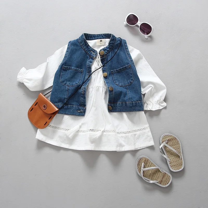 Girls Clothing Set Baby Girl Denim Vest Jackets + White Dress Two Piece Suit Cowboy Spring Kids Sets | Мать и ребенок