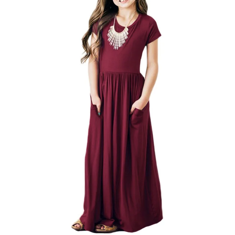 Telotuny girls dress Pleated Long Swing Casual short sleeve Maxi Dress with Pockets Sundress Beachwear Dresses | Детская одежда и