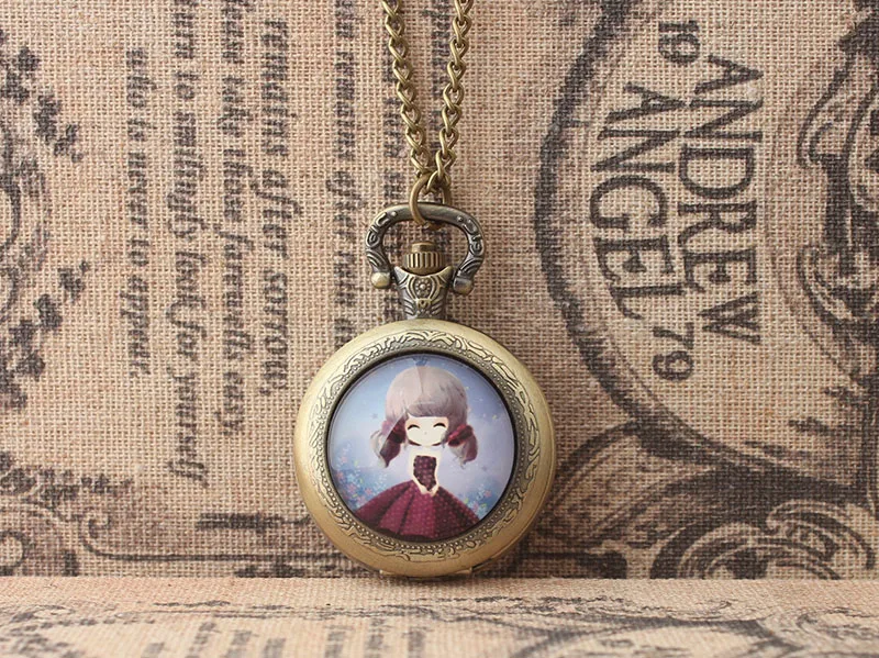 Мода личность ретро щитка женщины карманные часы студент женский ожерелье