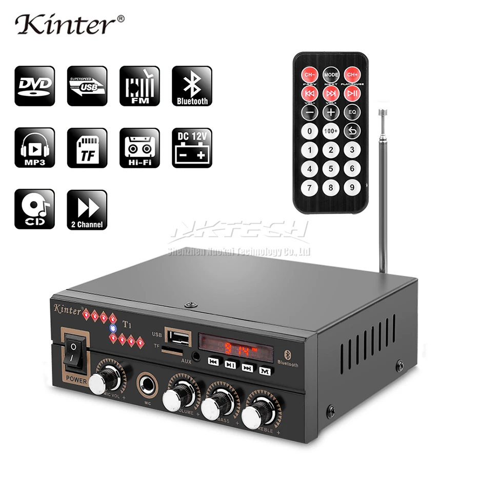 Автомобильный усилитель мощности Kinter T1 цифровой аудио плеер Bluetooth 2CH 25 Вт RMS Hi-Fi стерео супер бас DC12V 220-240 в караоке микрофон вход