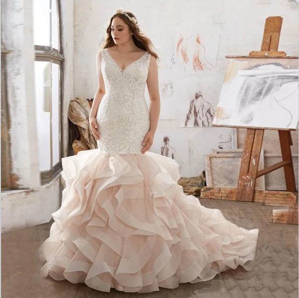 Новое Прибытие Роскошные vestido де novia аппликациями Заказ Органзы Раффлед Русалка