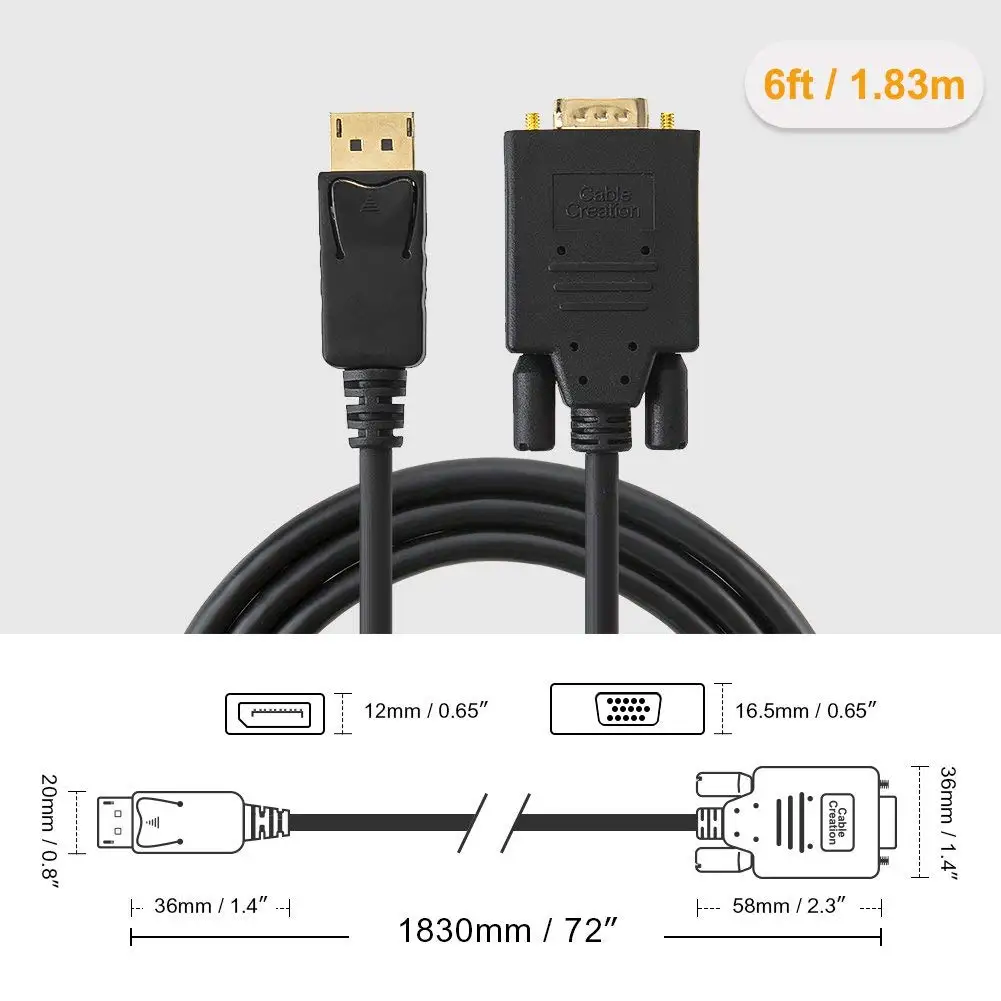 MLLSE 10 шт. высокое качество 6FT Дисплей порты и разъёмы DP к VGA позолоченный черный
