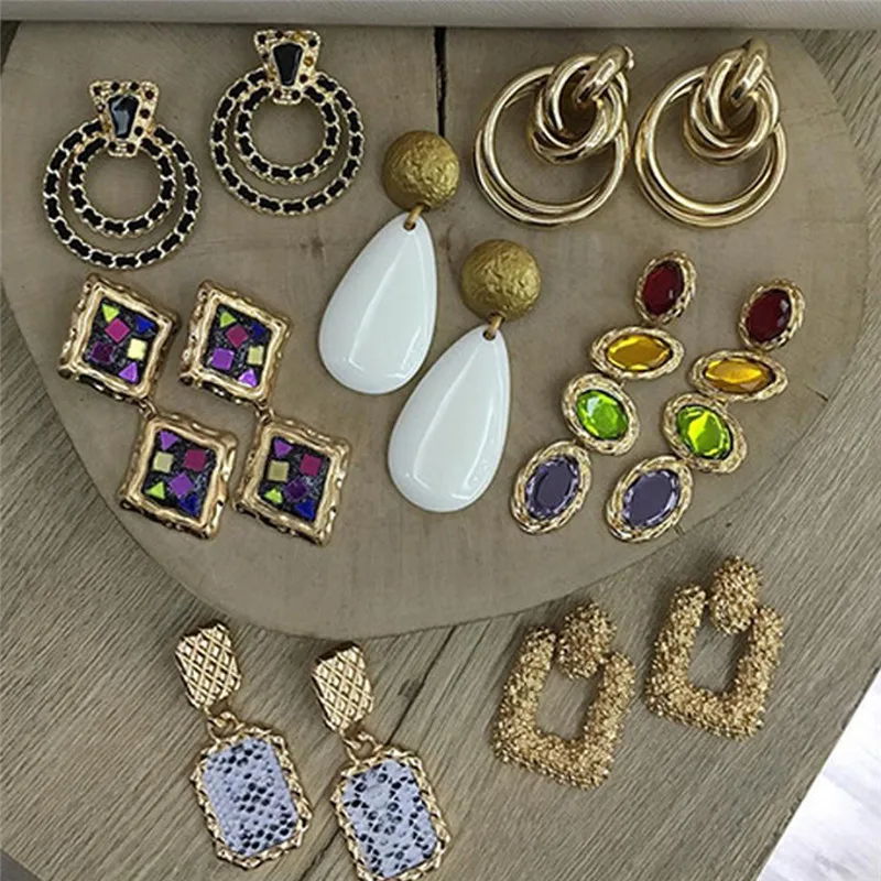  Fashion Exaggerated Geometric Ear Stud Star Heart Triangle Circle Square Pearl Dangle Gold Pantherine Colorful | Украшения и
