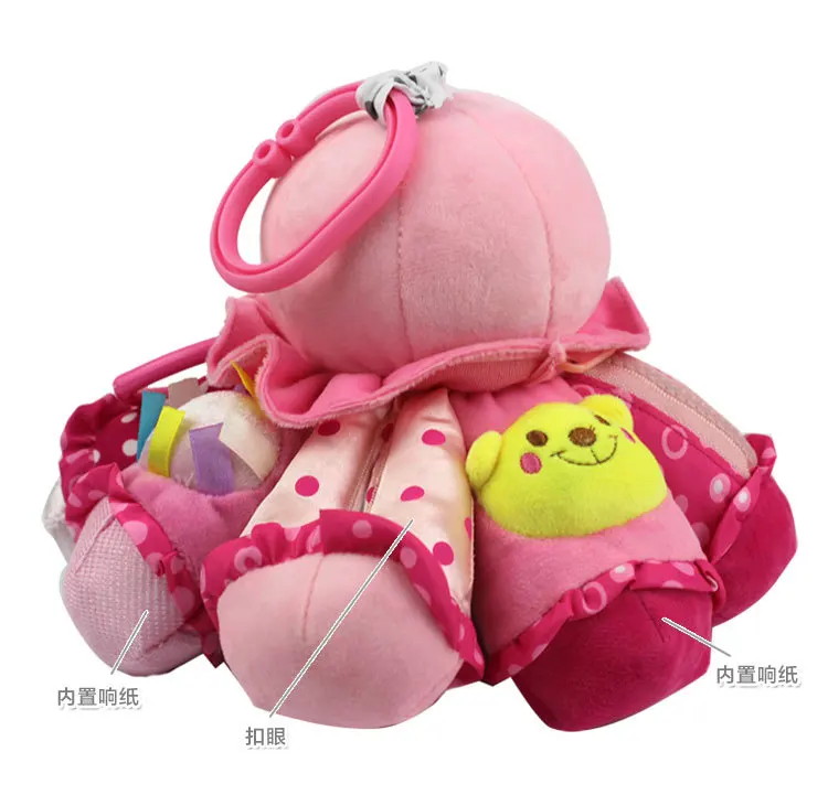 

educational zipper safe mirror ring bell rattle hanging gift plush button Octopus kids ring paper fun soft baby toy