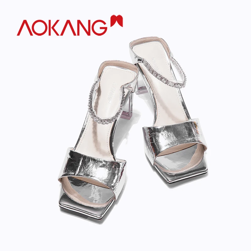 AOKANG/роскошные летние женские босоножки со стразами; обувь с открытым носком; женские Вьетнамки; прозрачная обувь на квадратном каблуке; обувь из натуральной кожи