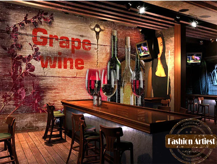 Пользовательские 3d обои росписи Винтаж виноград красное вино стекло и бутылка