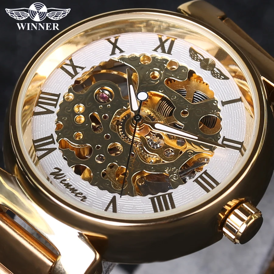 Часы-скелетоны Winner Мужские механические полностью стальные золотистые 2018 |