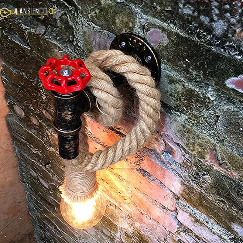 Винтажная настенная светильник Труба для воды Волоконная веревка настенная лампа E27 Ретро железная настенная лампа для внутреннего декора античная накладная фурнитура.