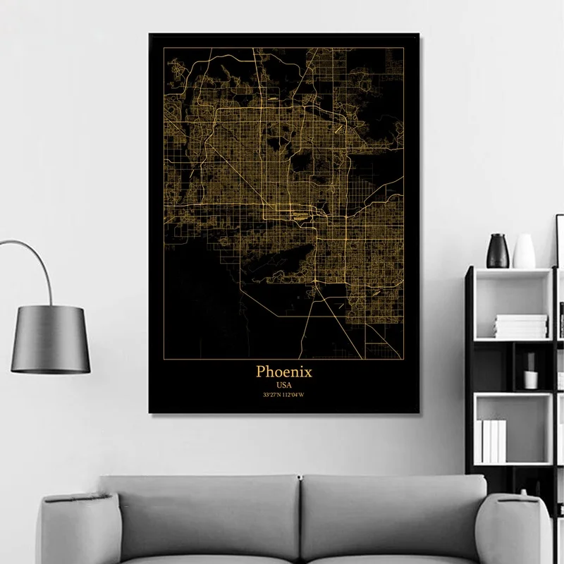 Филадельфия США Пномпень Камбоджа Феникс Современная Золотая карта холст