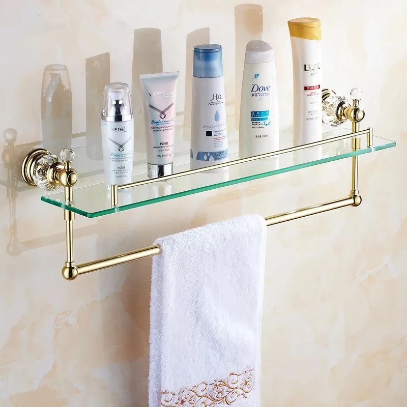 Золотая Хрустальная стеклянная полка для ванной комнаты и душа угловая