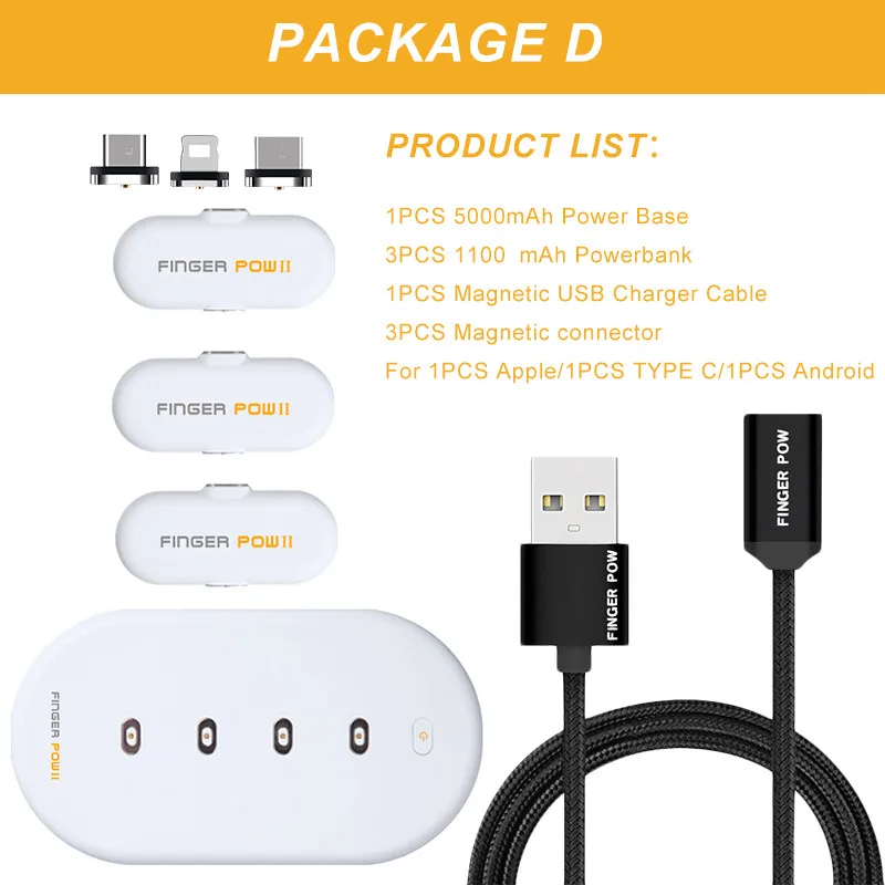 Finger Pow всего 8300 мАч 3 Мини Магнитный внешний аккумулятор для Micro Apple type C большой емкости зарядная док-станция с магнитным кабелем - Цвет: Standard