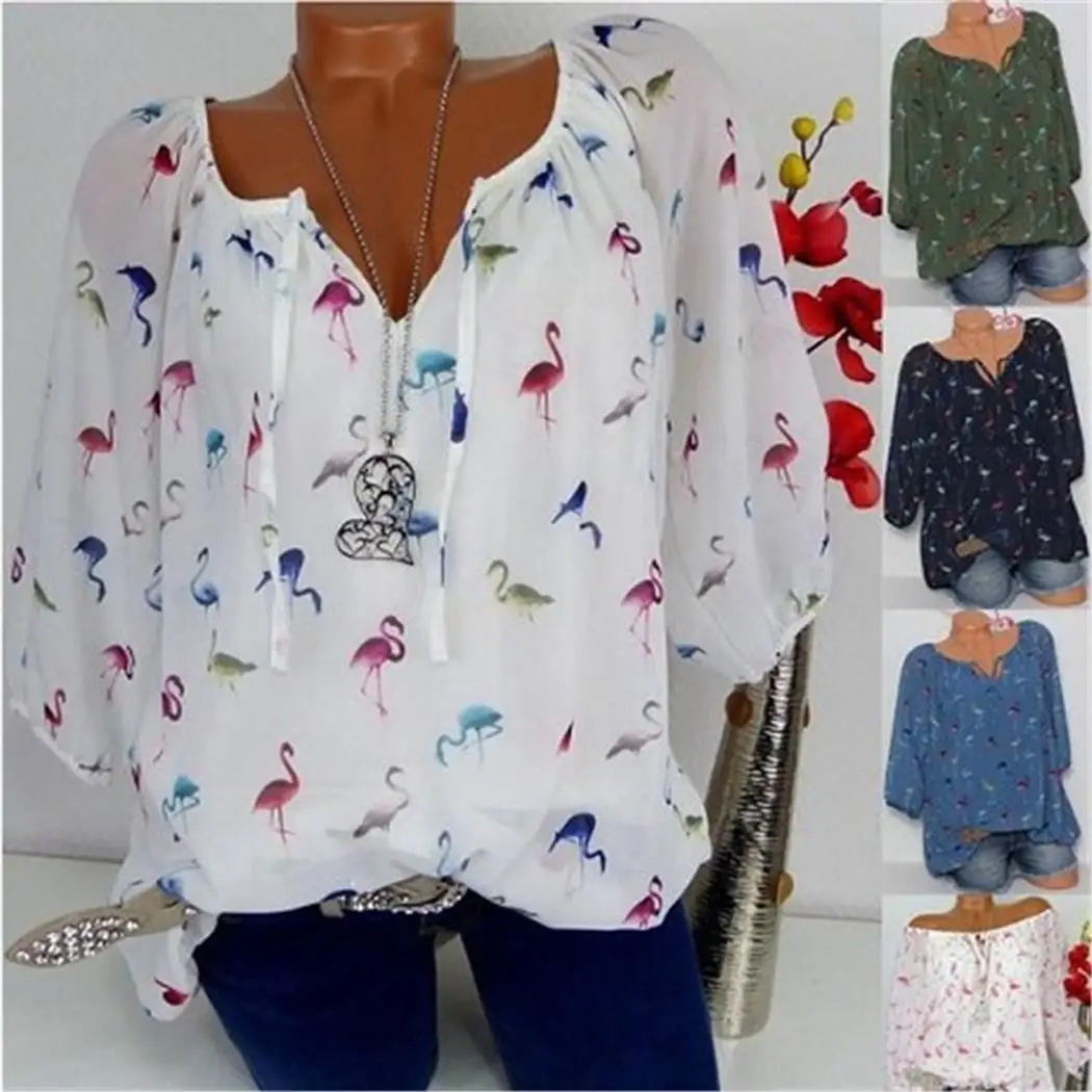 Офисные женские кружевные рубашки летние с принтом 3/4 рукав свободная блузка