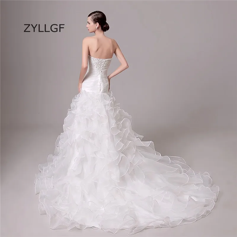 ZYLLGF Ruffles Organza Mermaid Wedding Dress Strapless Bridal Dresses Lace Up Back Vestido De Noiva 2017 With Beadings ZL9 | Свадьбы и