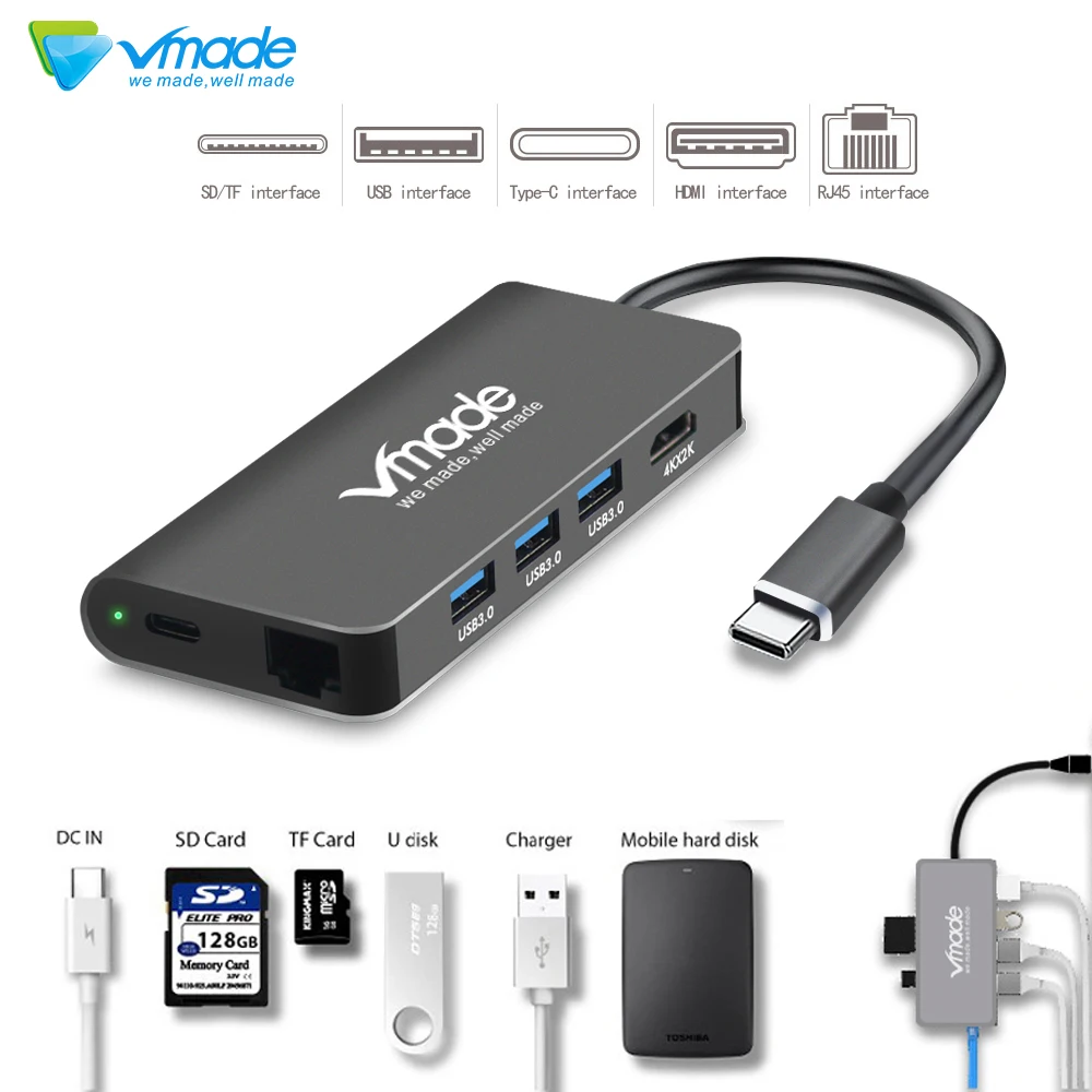 Адаптер Vmade 8 в 1 Type-C USB C к HDMI RJ45 Thunderbolt 3 для Samsung Galaxy S9 Huawei Mats P20 Type 0 концентратор
