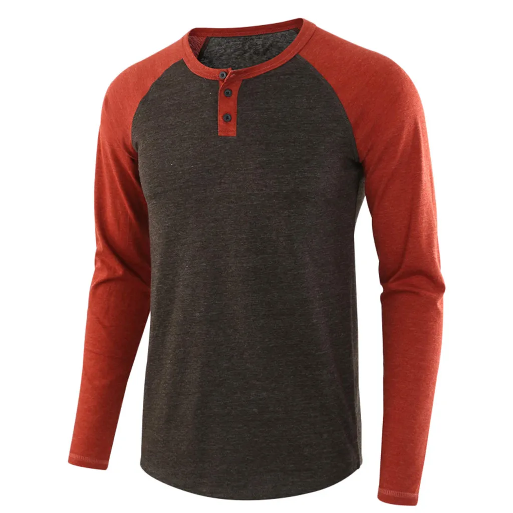 New men's solid color stitching casual long-sleeved t-shirt tops long sleeve men and women round neck shirt | Мужская одежда