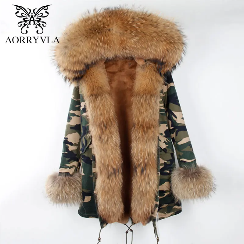AORRYVLA 2017 новинка женская длинные зимняя парка с мехом енота натуральный мех