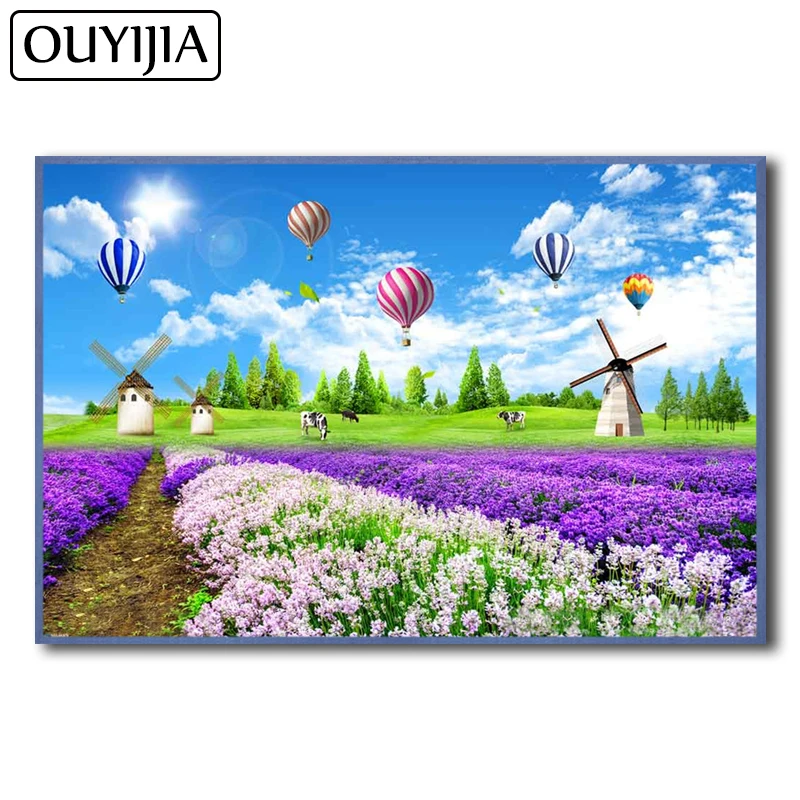 OUYIJIA 5D DIY мультфильм ветряная мельница Лаванда воздушный шар цветок алмазная