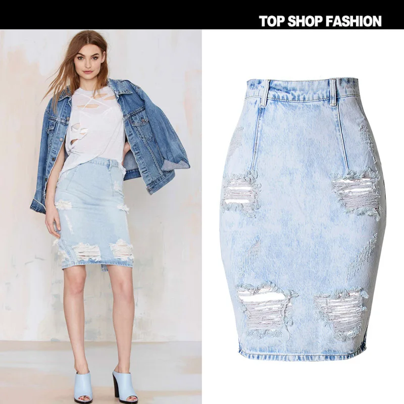 

New Spring Couture slim package hip heavy water wash hole jeans skirt sexy back V
