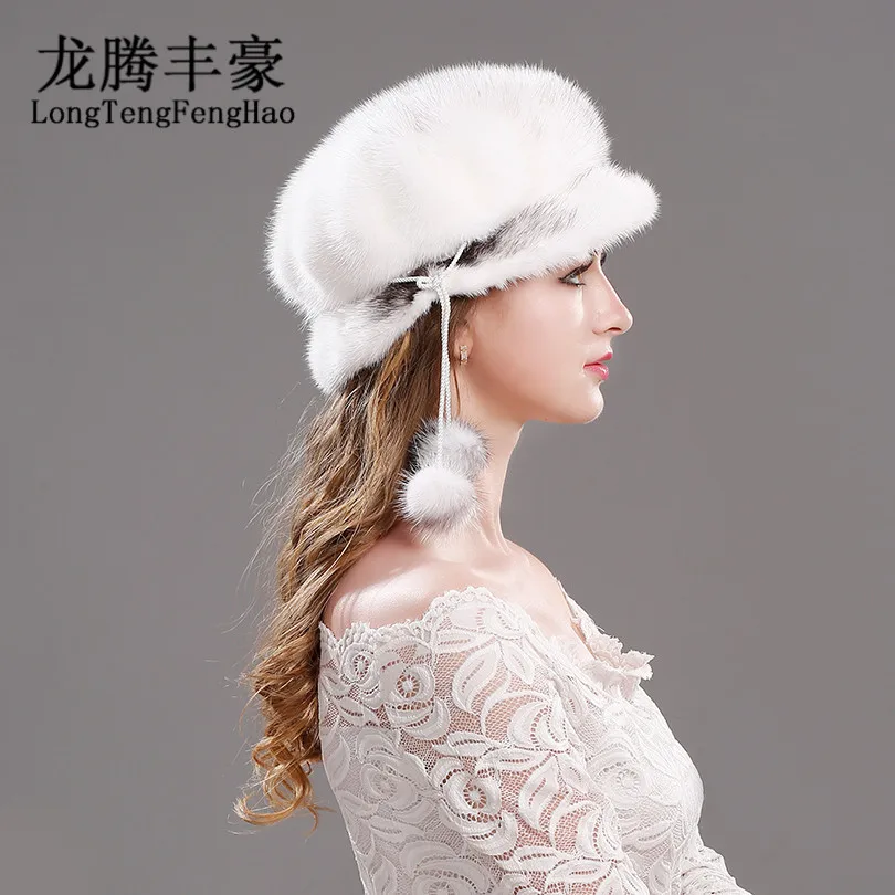 Женская шапка из цельного меха норки элегантная вязаная 100% натурального