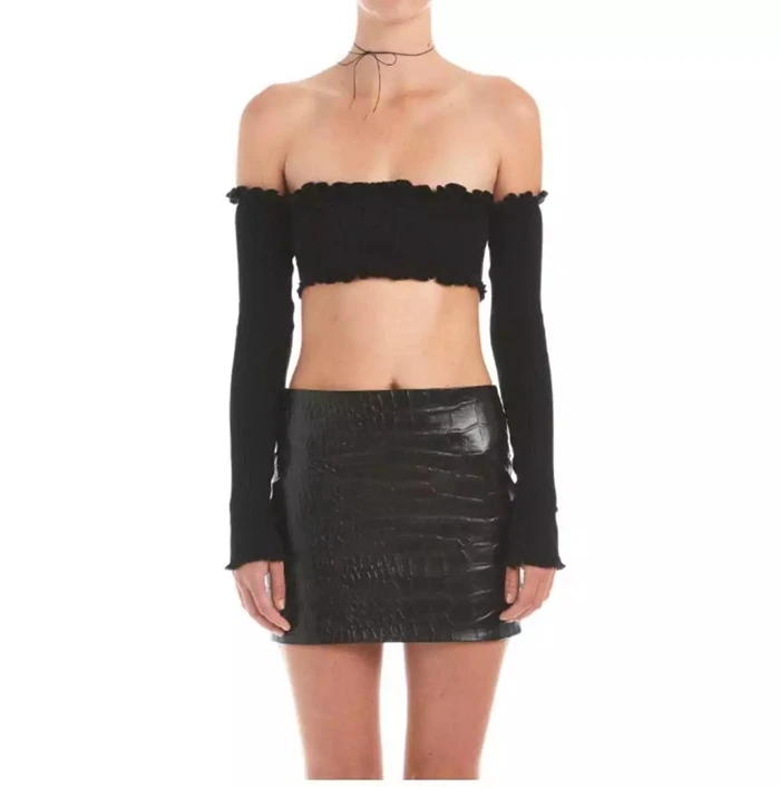 Футболка женская с открытыми плечами пикантный Топ длинным рукавом халтер суперкороткая рубашка