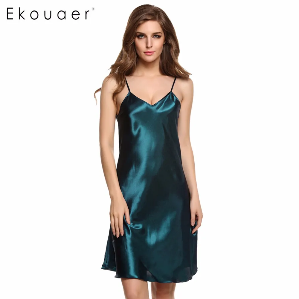 Ekouaer, Стильное женское белье, сексуальное, спагетти ремень, одежда для сна, платье, летняя ночная рубашка, однотонная атласная Женская пижама