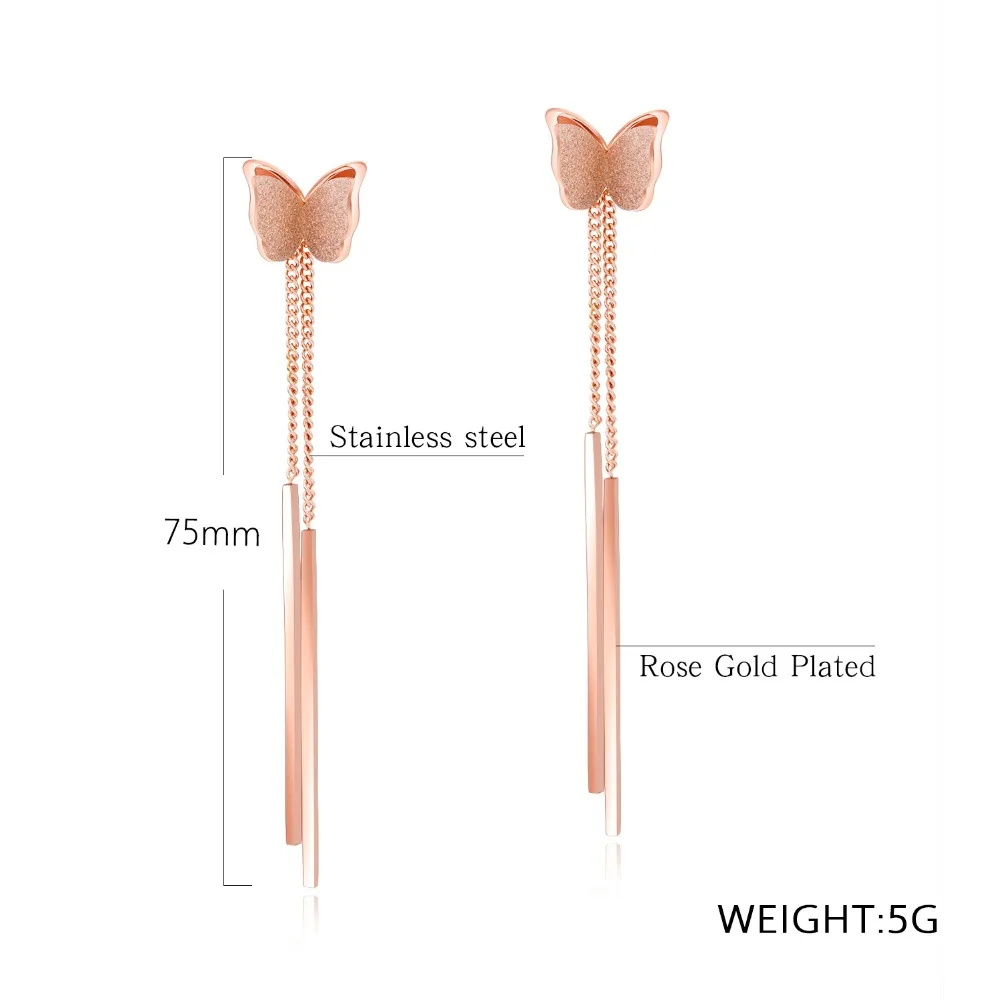 Женские длинные серьги бабочки из нержавеющей стали цвета розового