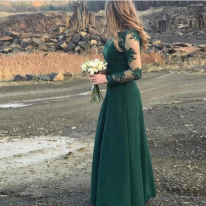 

Vestido de festa longo Long Sleeves Bridesmaid Dresses Dark Green Lace Formal Party Dress A-line Honor Maid Of Honor Dress