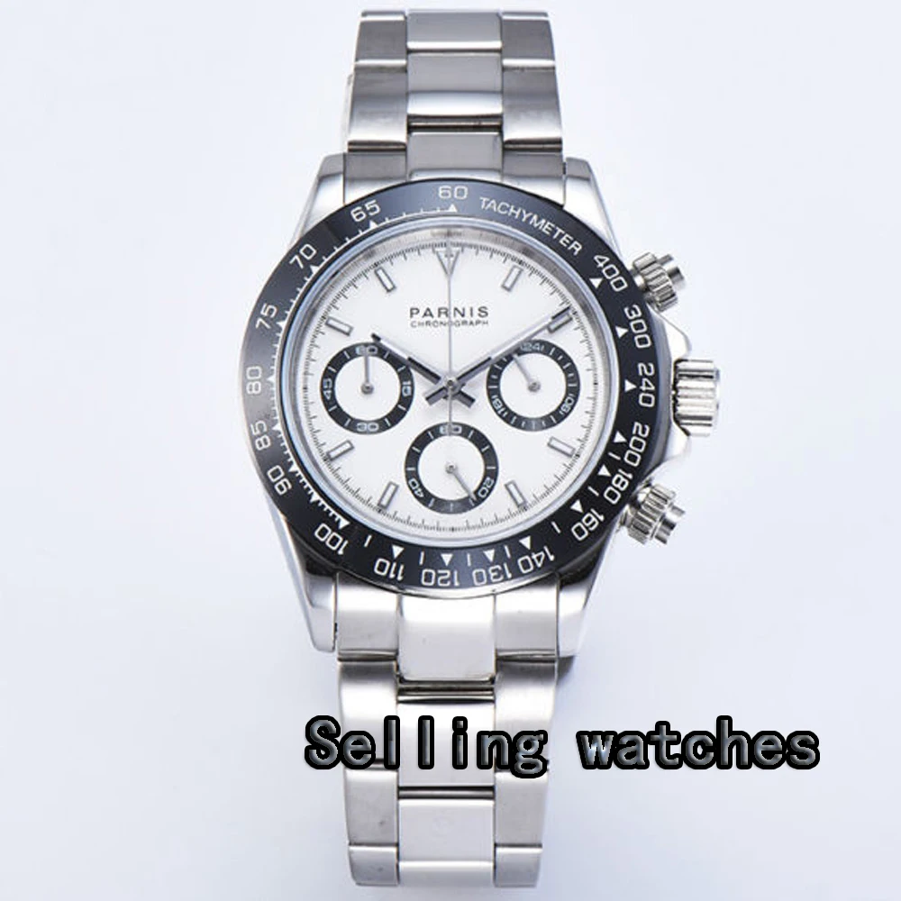 

new arrive 39mm PARNIS white dial quartz mens watch solid case full Chronograph