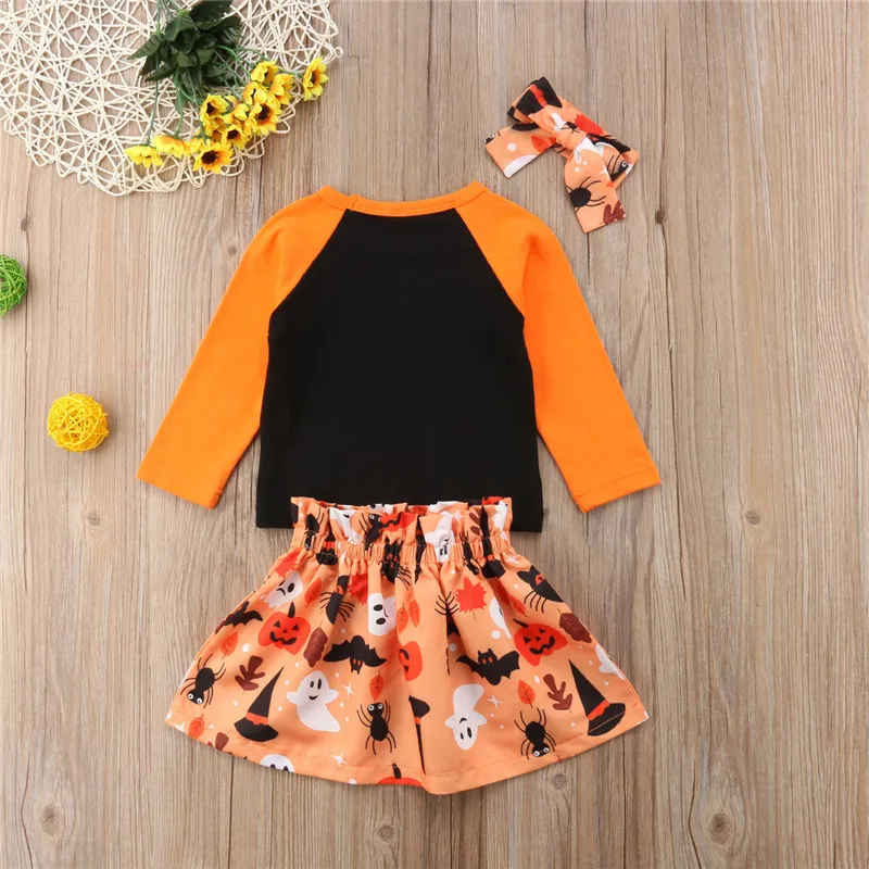 

Sweet 3Pcs Newborn Baby Girl Halloween Ghost Shirt Tops Bowknot Short Skirt Outfits Clothes Set Cute Print Cotton Clothing