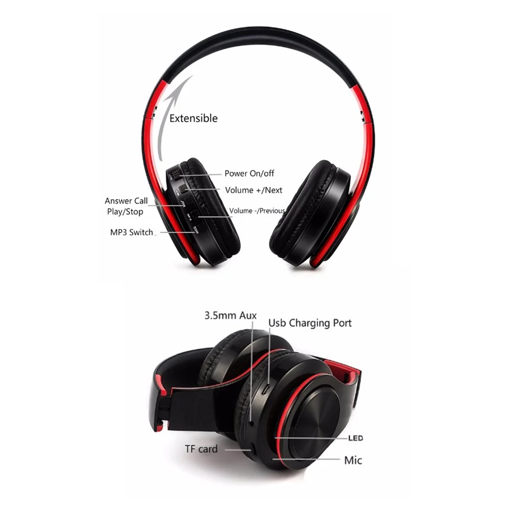 Bluetooth Headset Stereo Audio Wireless Headphones Fordable Wired Earphones With Microphone and FM radio For PC mobile phone Mp3 |