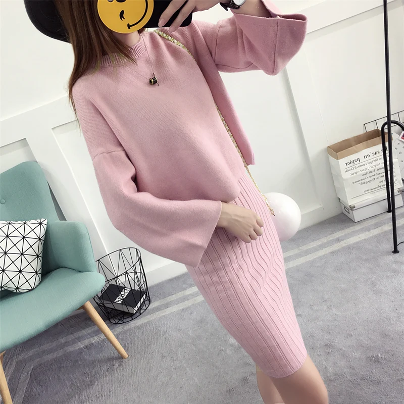 Ly Varey Lin Autumn Winter Womans Sweater+ Straped Mini Dress Sets Solid Color Casual Loose Knitted Sweater Two-pieces Suits