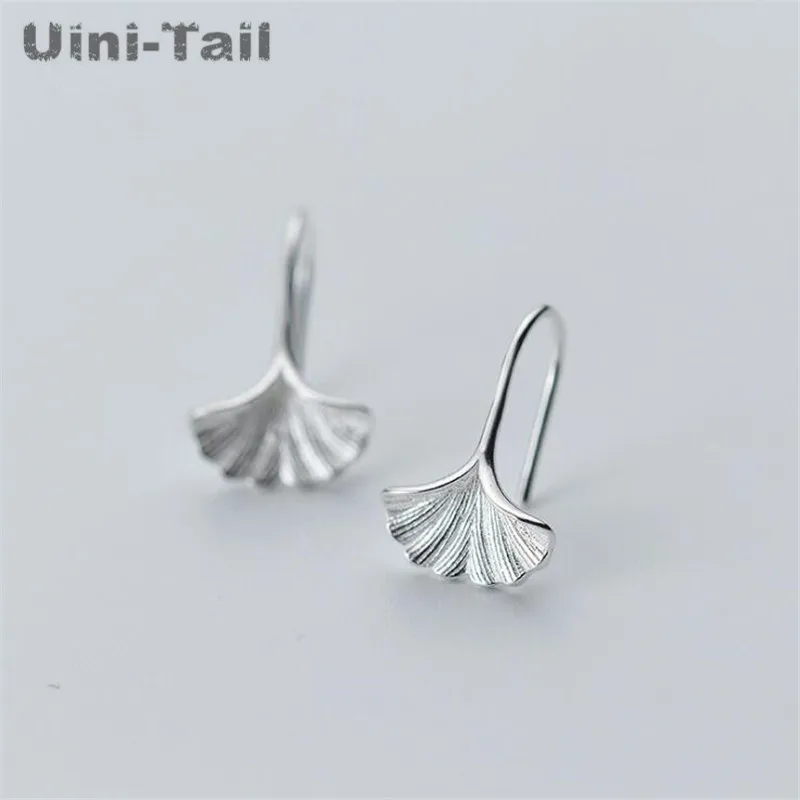 Uini-Tail new hot 925 Tibetan silver Chinese style ginkgo leaf ear hook temperament simple personality fashion earrings GN217