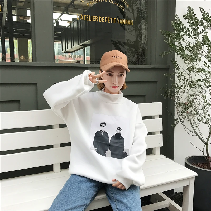 YouGeMan зимние теплые толстовки для женщин Одежда корейский Ulzzang Harajuku Бархат Водолазка пуловер кофты женские свободные топы