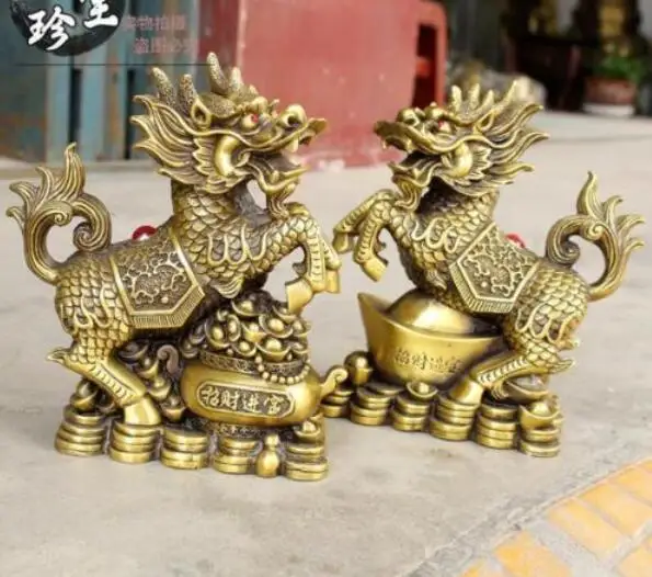 Китайский латунный Медь Feng Shui резной охранник зла Kylin QiLin пара статуй зверей | Дом